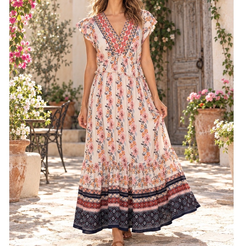 Lea Floral Maxi Dress Womens Large V-Neck Flutter Sleeve Boho Pockets D4